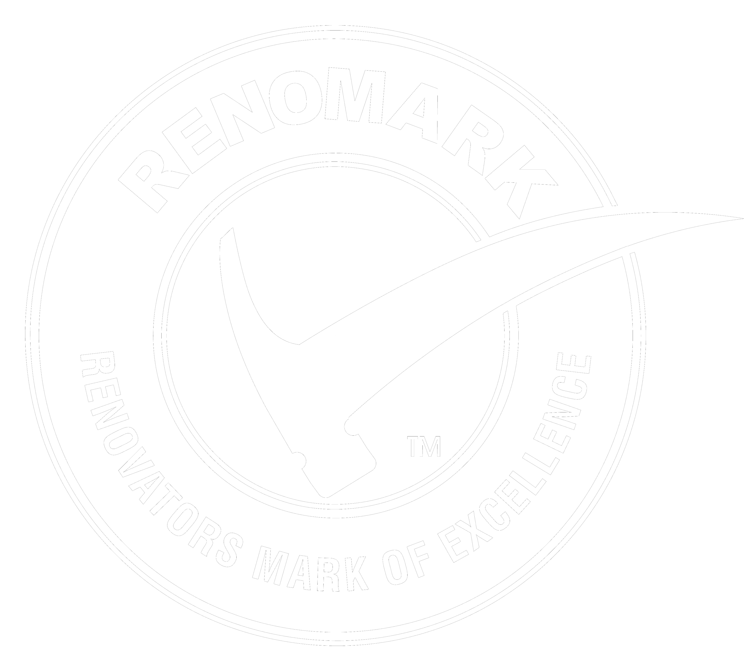 The image is a black and white logo for 'Renomark,' featuring a checkmark and the phrase 'Renovators Mark of Excellence.'