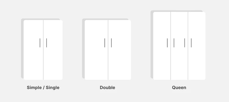 The image shows stylized icons of three types of beds: a single, a double, and a queen-sized bed.