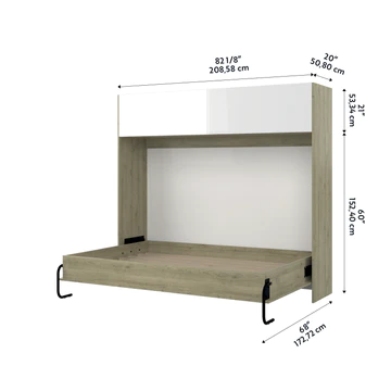 A diagram of a wall bed with dimensions in both inches and centimeters.