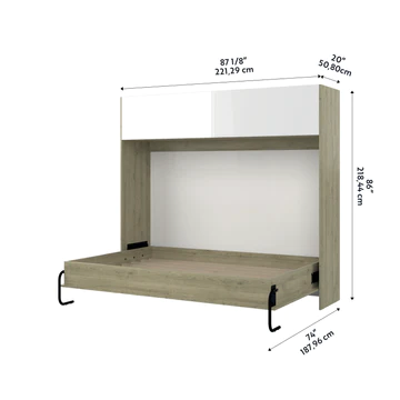 A wall-mounted, twin-size loft bed frame in a wood finish with dimensions labeled.