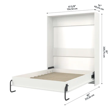 A white murphy bed in the closed position with dimensions labeled on a plain background.