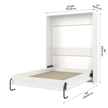 A white wall-mounted Murphy bed in the closed position with dimensions displayed.