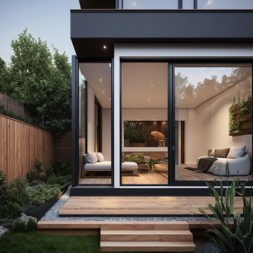 A modern house with large glass windows and doors, featuring exterior seating and a wooden deck at dusk.