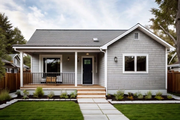 A single-story gray house with a front porch and a landscaped yard with a walkway.