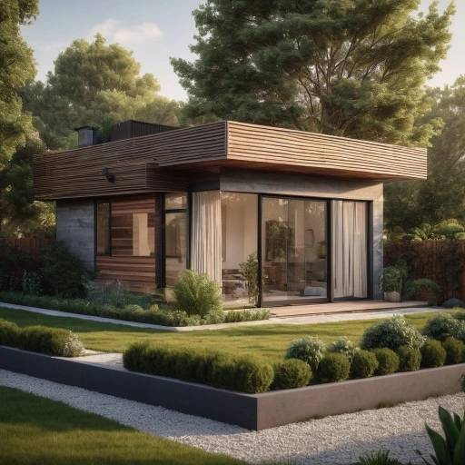 A modern single-story house with large windows, surrounded by landscaped gardens and trees, during the daytime.
