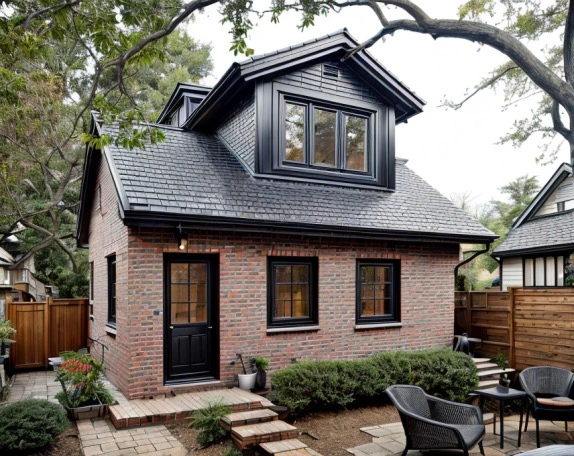 A charming brick house with a black roof and large windows surrounded by trees and a patio area with outdoor seating.