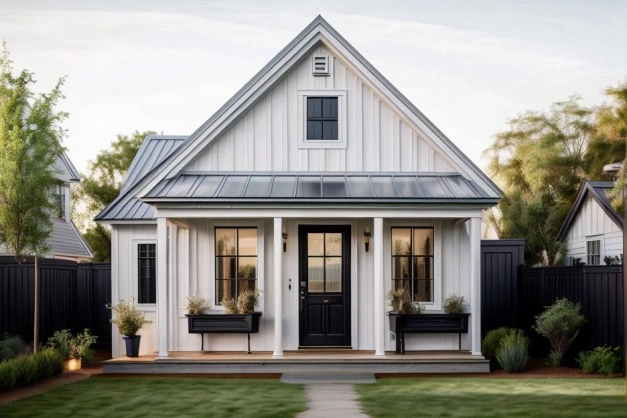 A charming white single-story house with a gabled roof, black trim, and a well-manicured lawn.