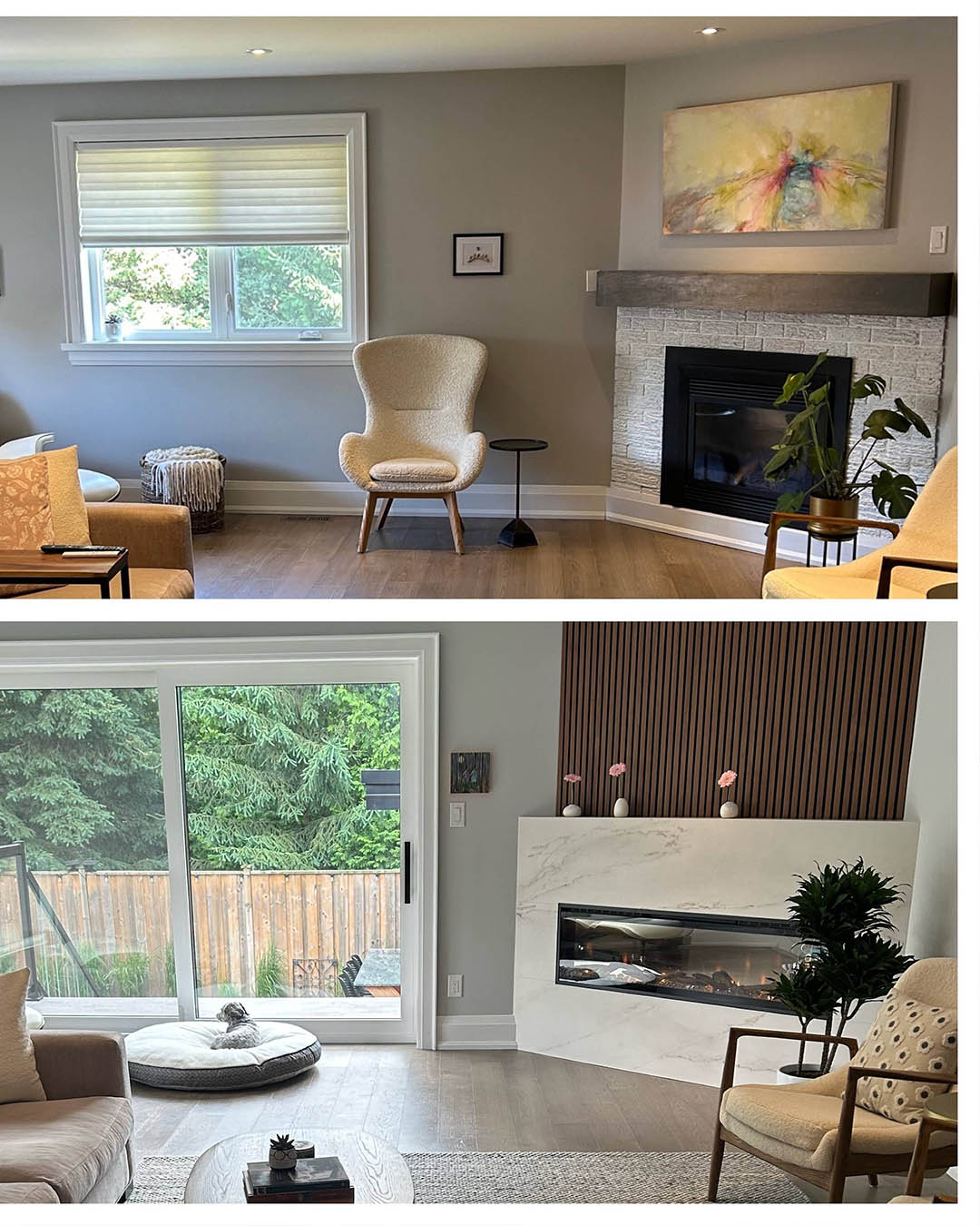 Living room renovation featuring modern furnishings, a cozy fireplace, large windows with natural light, and a view of the outdoor patio, showcasing Heartwood Renovations' design expertise.